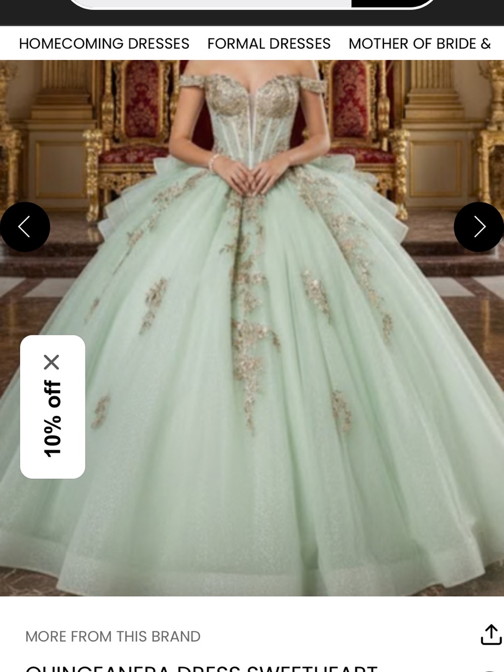 ADT Mint Off-Shoulder Ball Gown with Gold Floral Appliqué